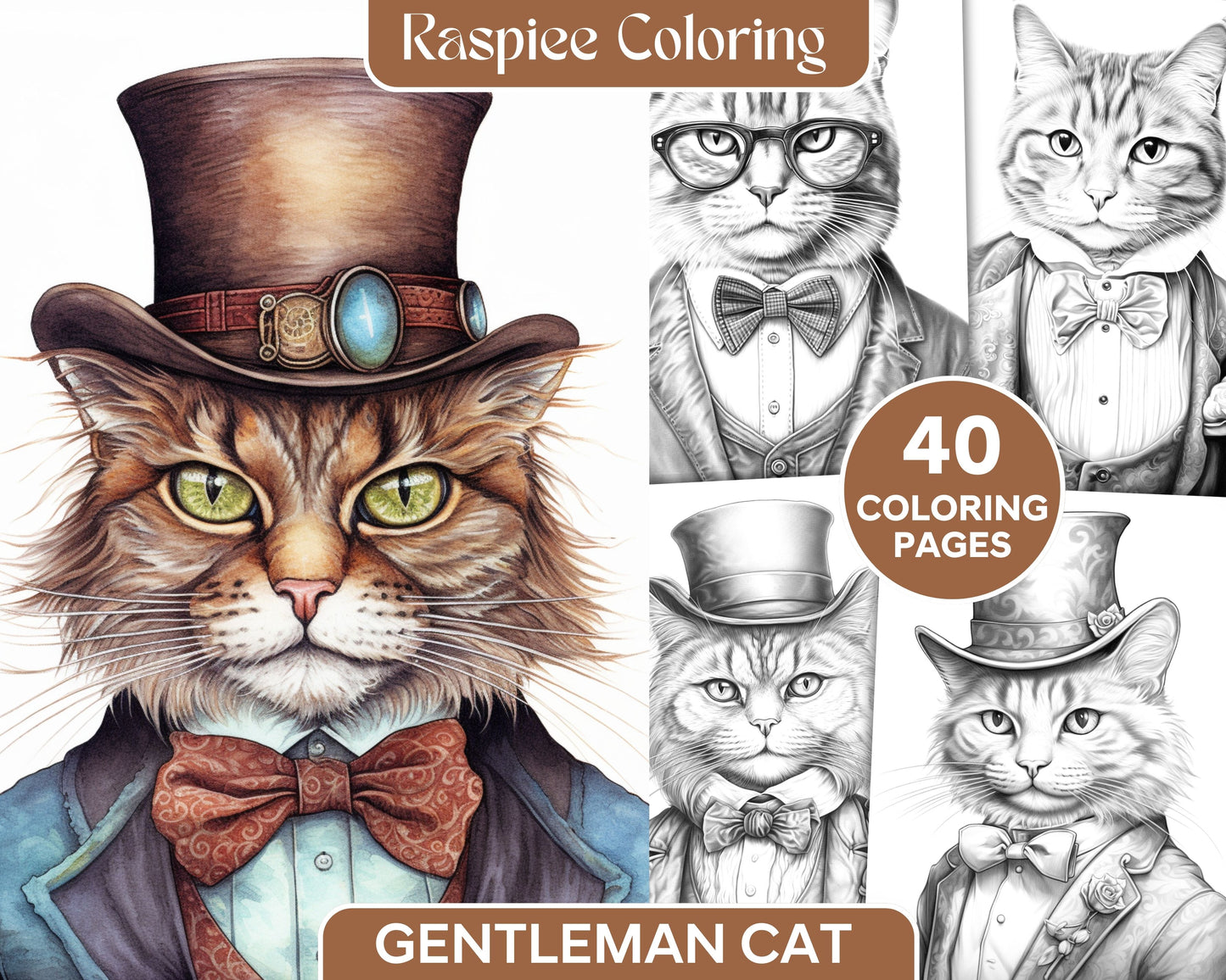 Gentleman cat grayscale coloring pages printable for adults kids pdf â coloring