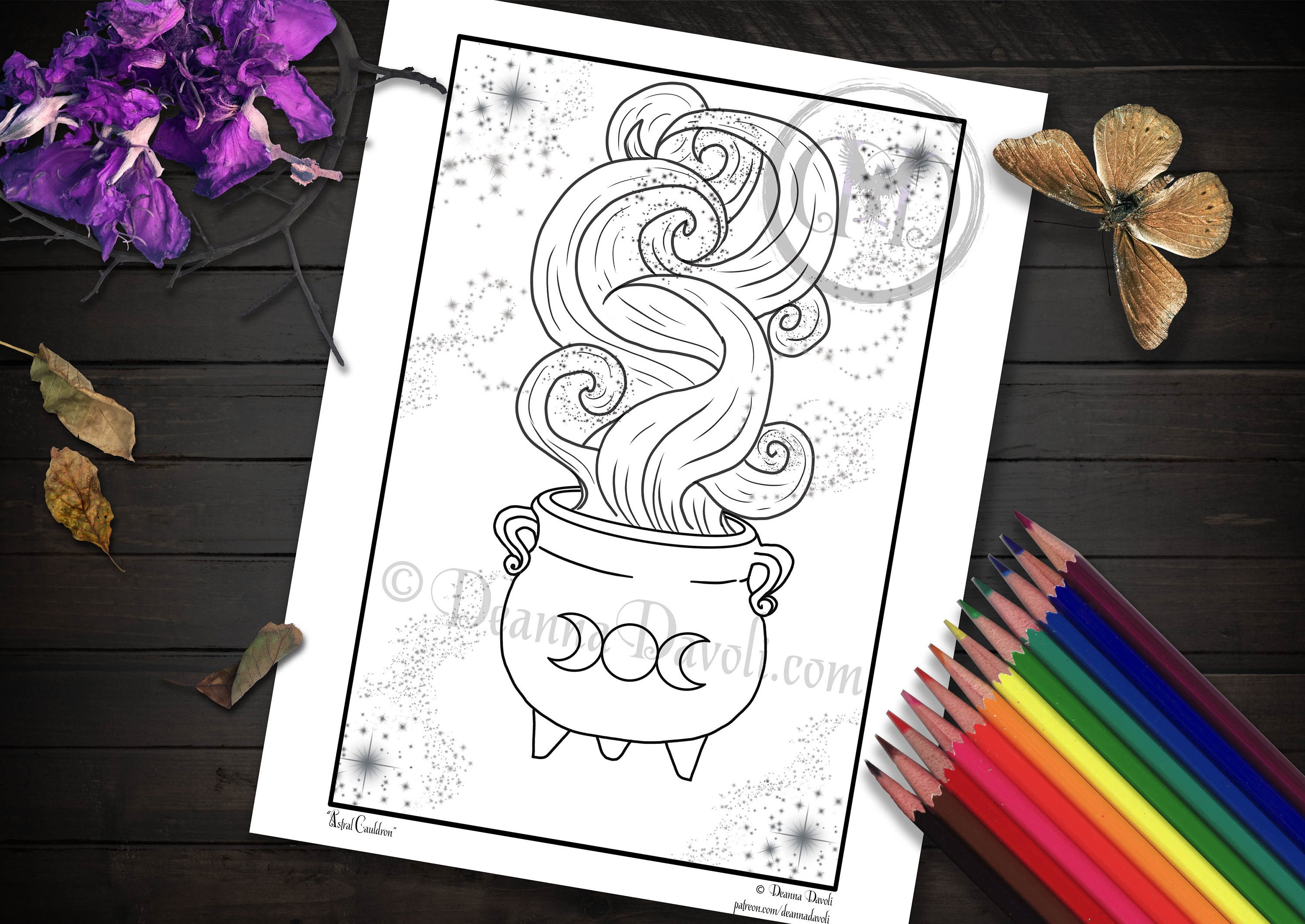 Astral cauldron coloring page witch printable digital download jpg adult coloring pages halloween galaxy triple moon goddess