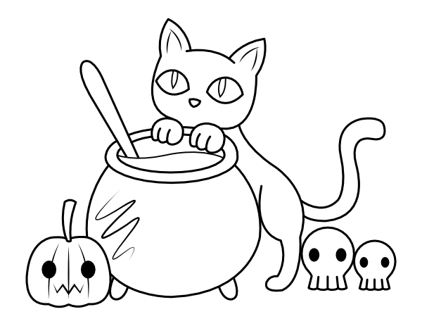 Printable cat and cauldron coloring page