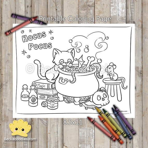 Printable halloween cat witchs cauldron coloring page hand