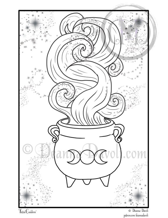 Astral cauldron coloring page witch printable digital download jpg adult coloring pages halloween galaxy triple moon goddess