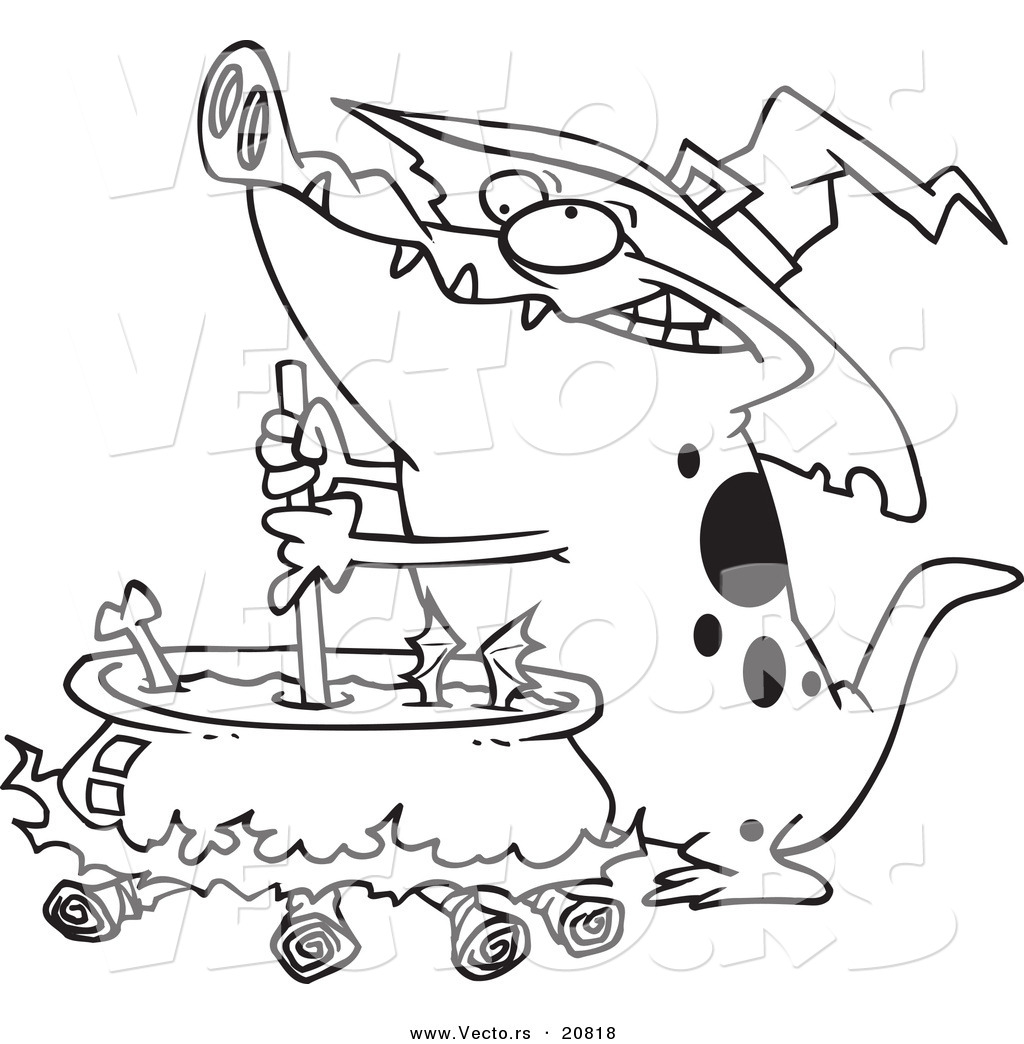 R of a cartoon witch alligator sitrring a cauldron