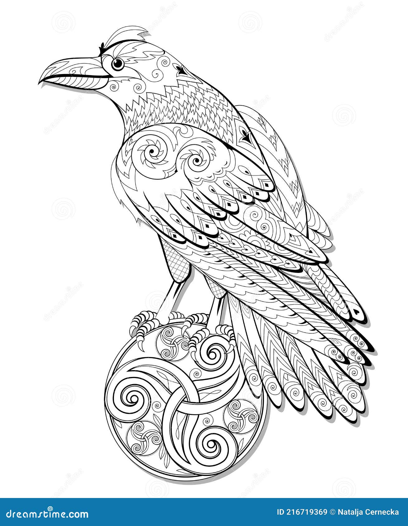 Illustration of magic fairyland crow from ancient celtic legend black and white page for kids coloring book stock vector