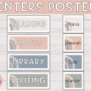 Center signs boho rainbow center signs printable center posters preschool centers kindergarten centers child care centers classroom