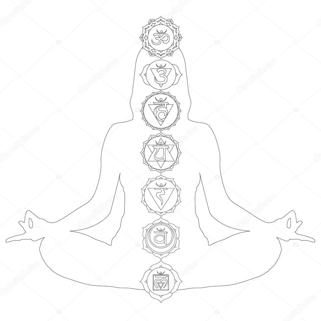 Woman with seven chakras coloring page stock illustration by smk