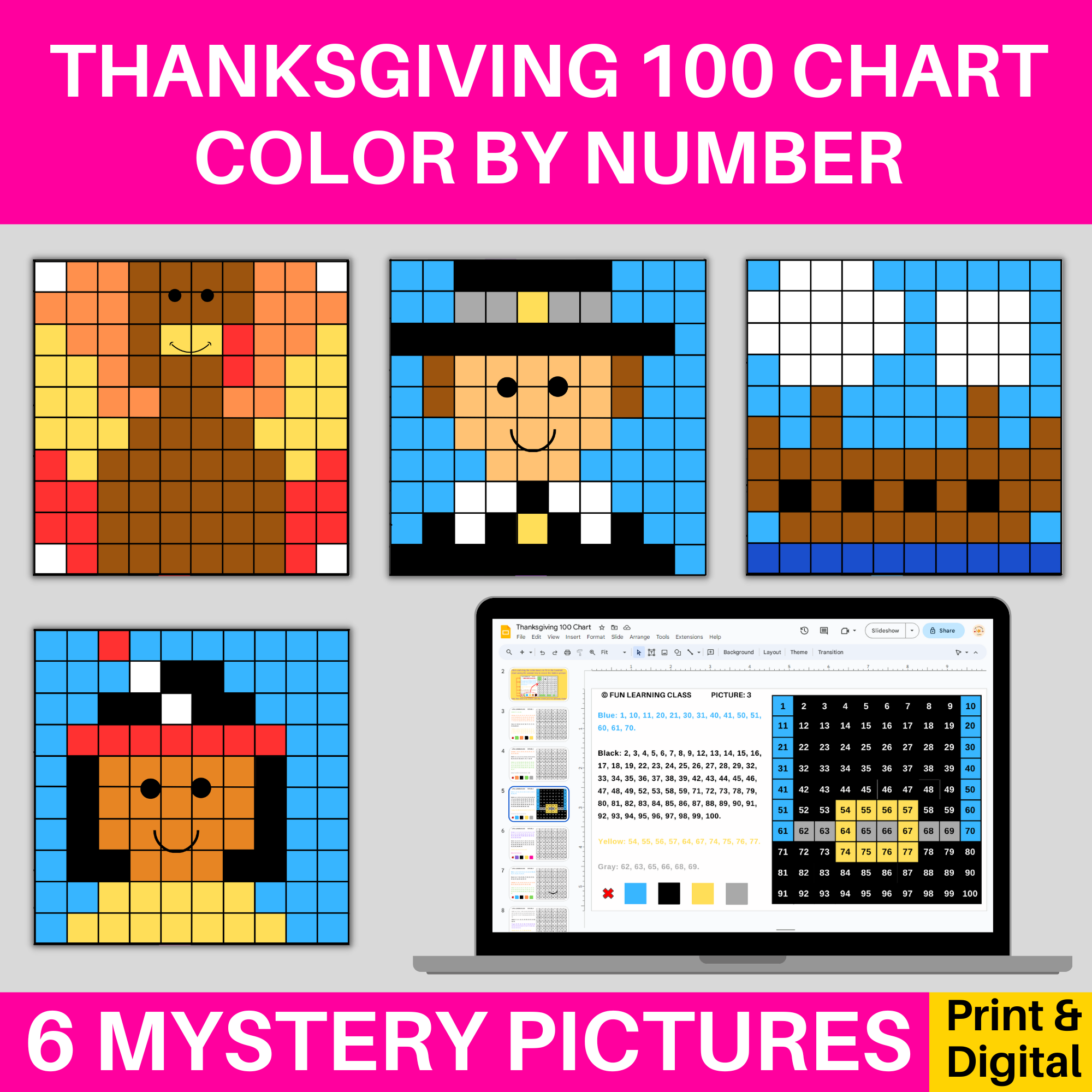 Thanksgiving s hundred chart mystery pictures coloring pages digital print made by teachers