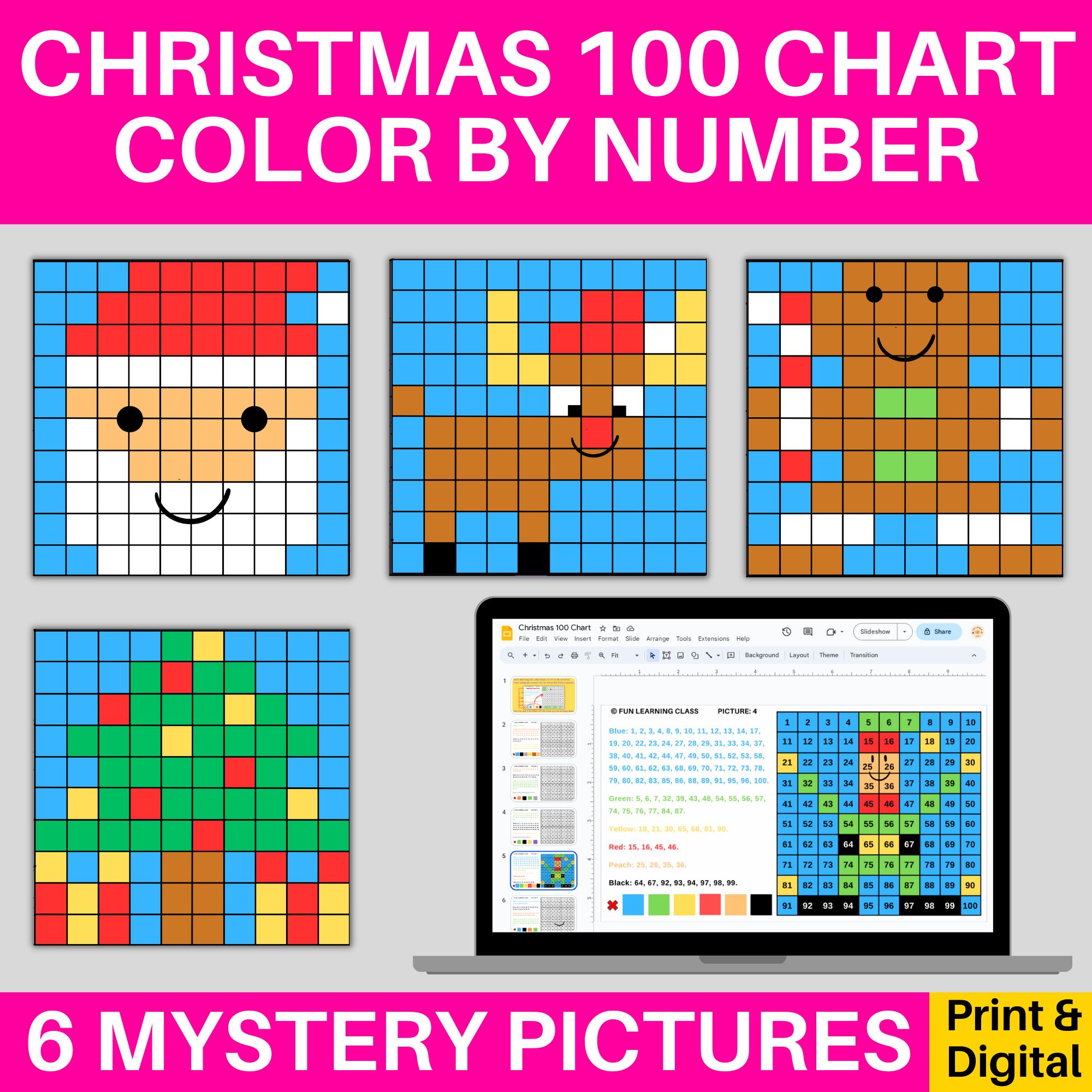 Christmas s hundred chart mystery pictures coloring pages digital print made by teachers