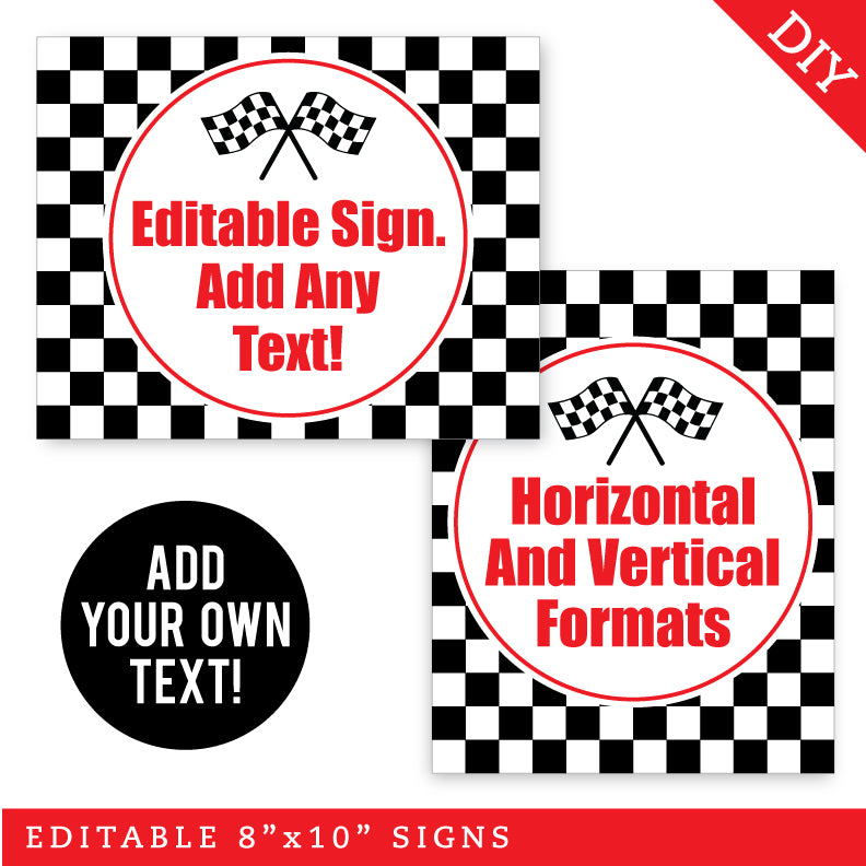 Checkered flag race car party signs editable instant download â