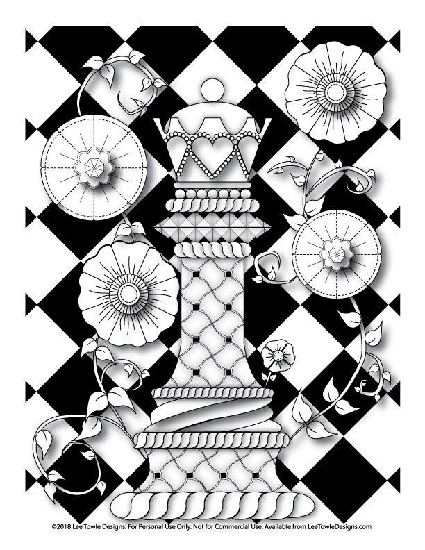 Queen chess piece with flowers coloring page for adults