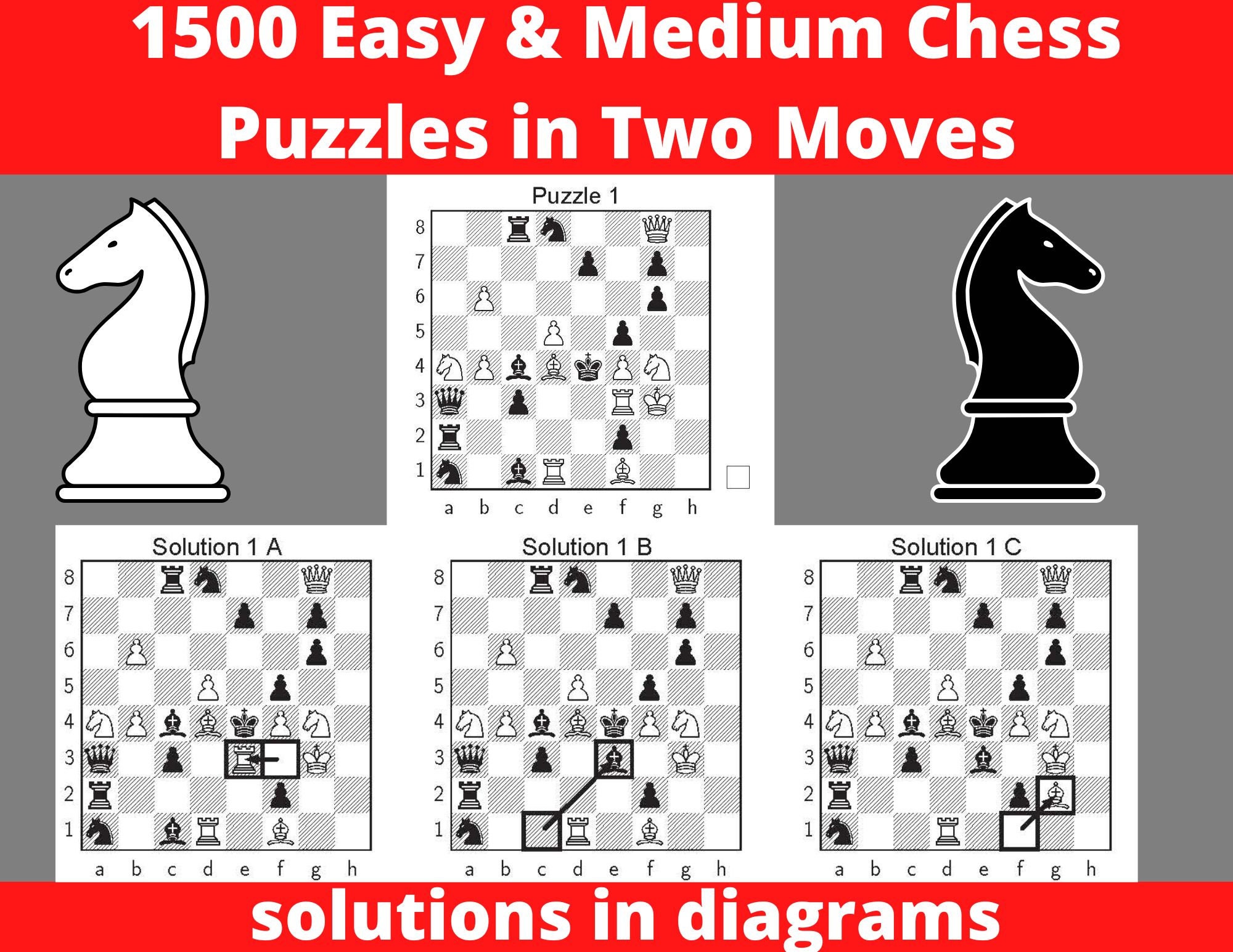 Chess puzzles in two moves printable pdf with answers instant download chess gift chess book chess game chess problems instant download