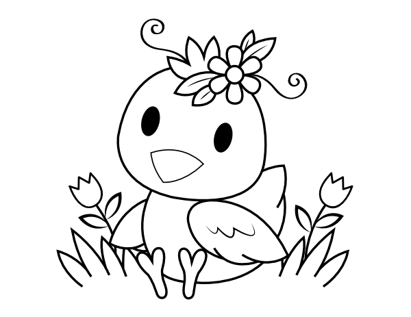 Printable baby chick and flowers coloring page