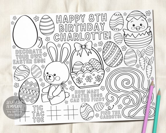 Easter spring birthday party coloring placemat for kids editable template bunny chick coloring page craft activity sheet table mat printable