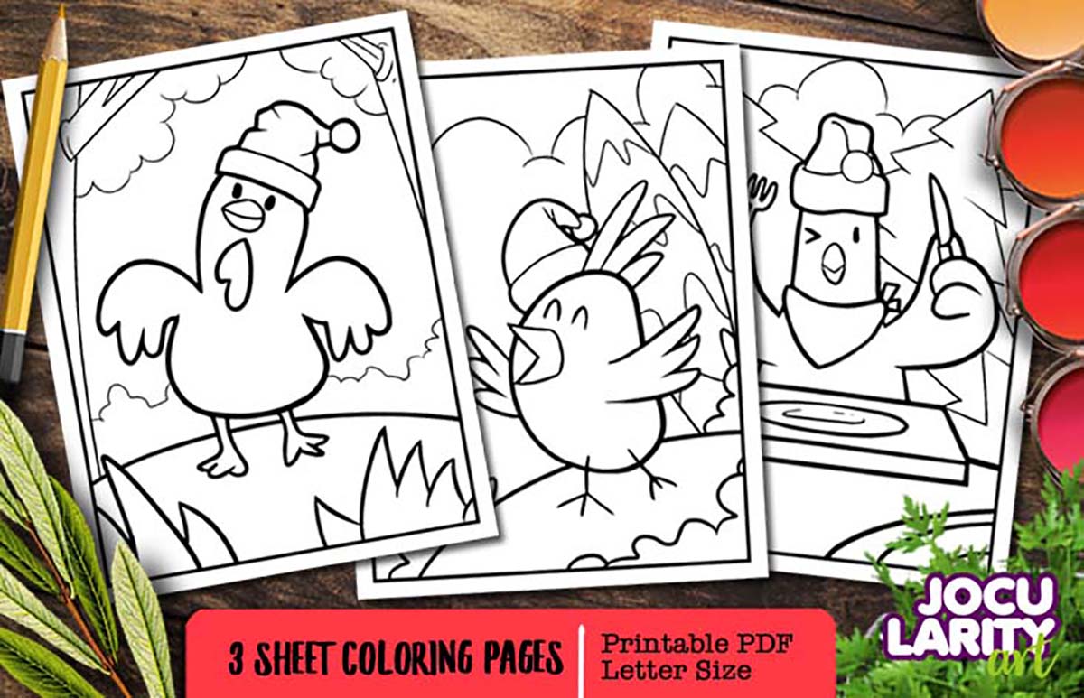 Cute christmas chicken coloring page