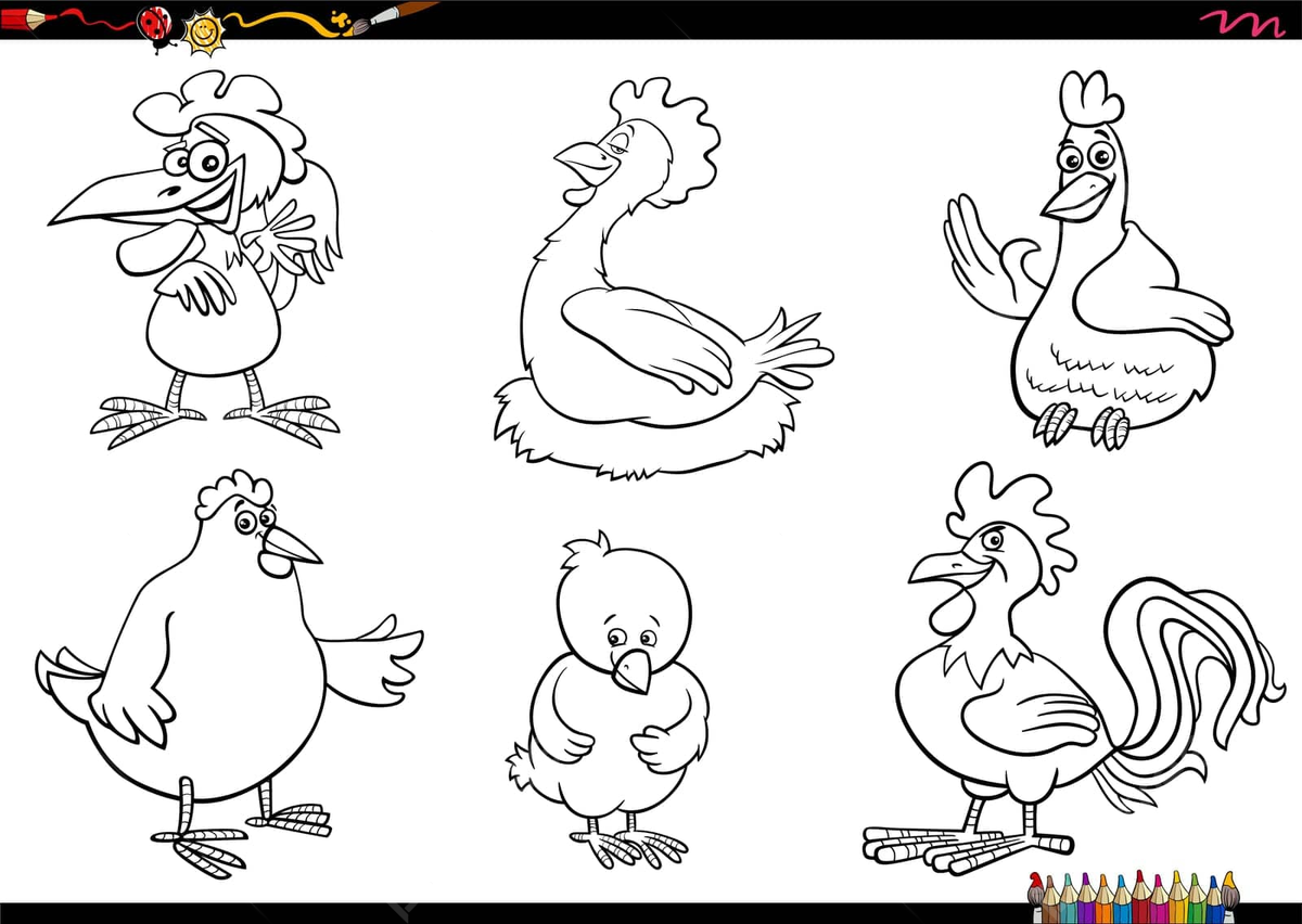 Coloring page set featuring farm animal characters in cartoon chicken form vector chicken drawing car drawing cartoon drawing png and vector with transparent background for free download