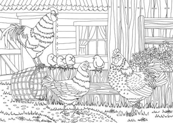 Chicks in the yard printable adult coloring page from favoreads coloring book pages for adults and kids coloring sheets
