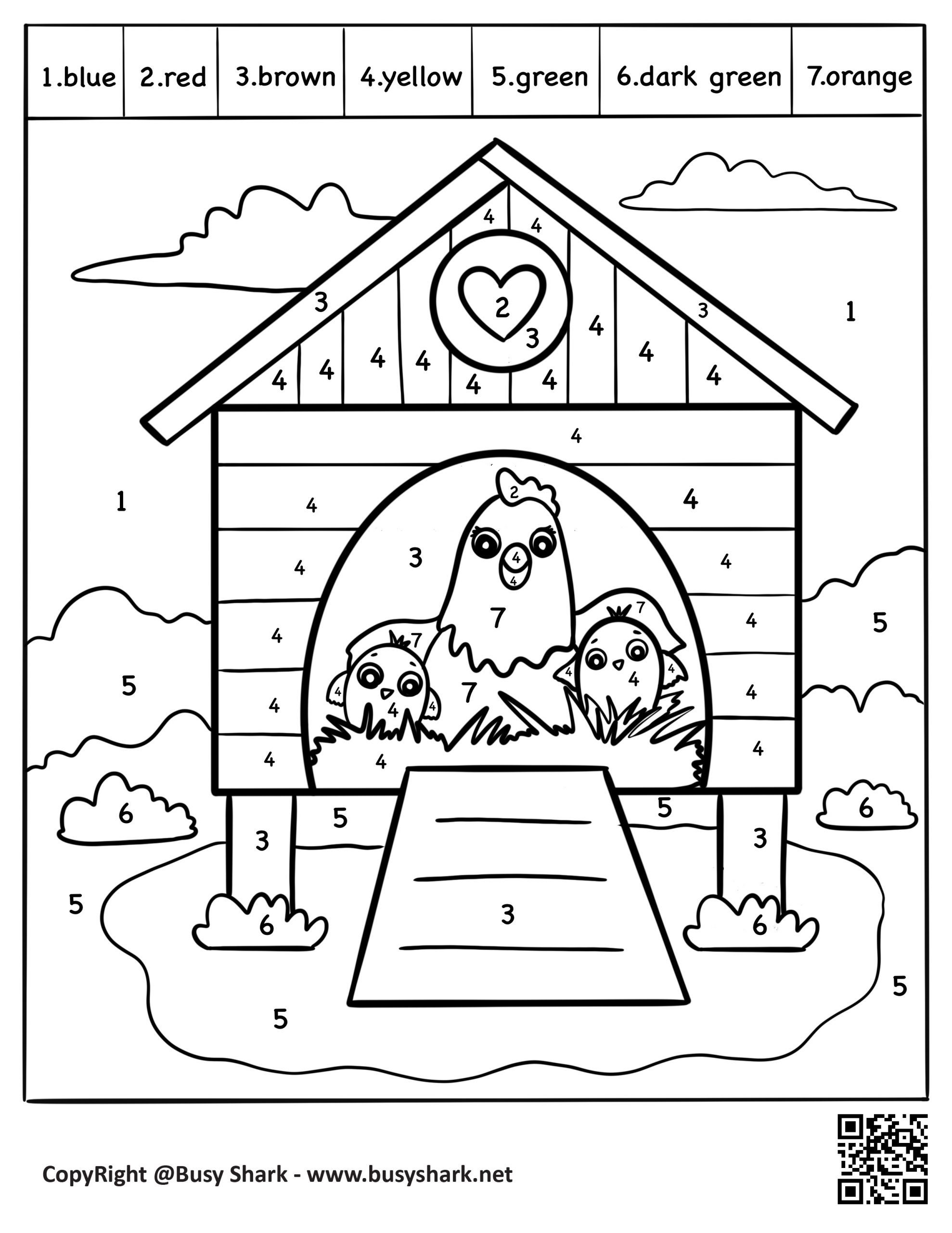 Farms chicken coop color by number coloring page