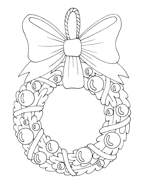 Premium vector winter coloring page with christmas fir wreath with big ribbon bow and toy decorations balls hand drawn vector thin line art illustration coloring book for children and adults