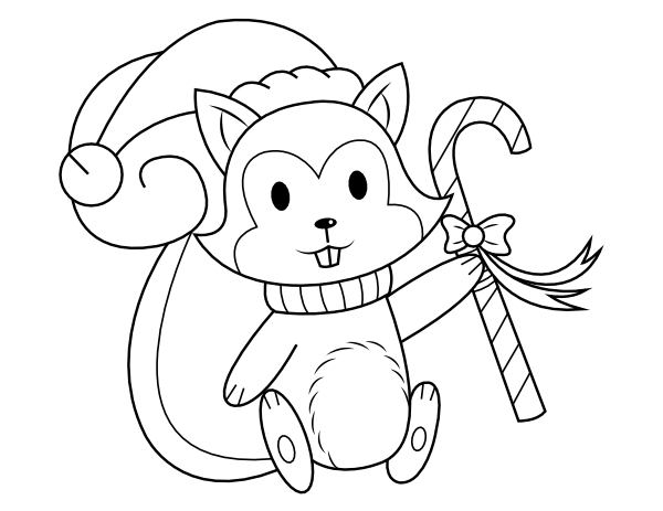 Printable squirrel with candy cane coloring page