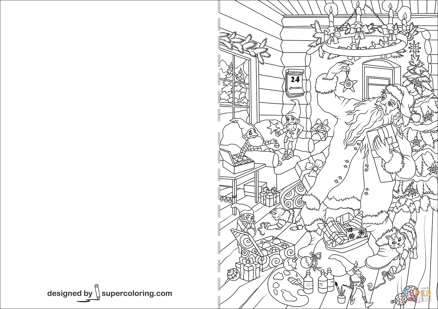 Christmas card with santa claus and presents coloring page free printable coloring pages