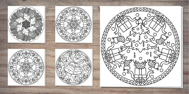 Christmas mandala colouring card set party