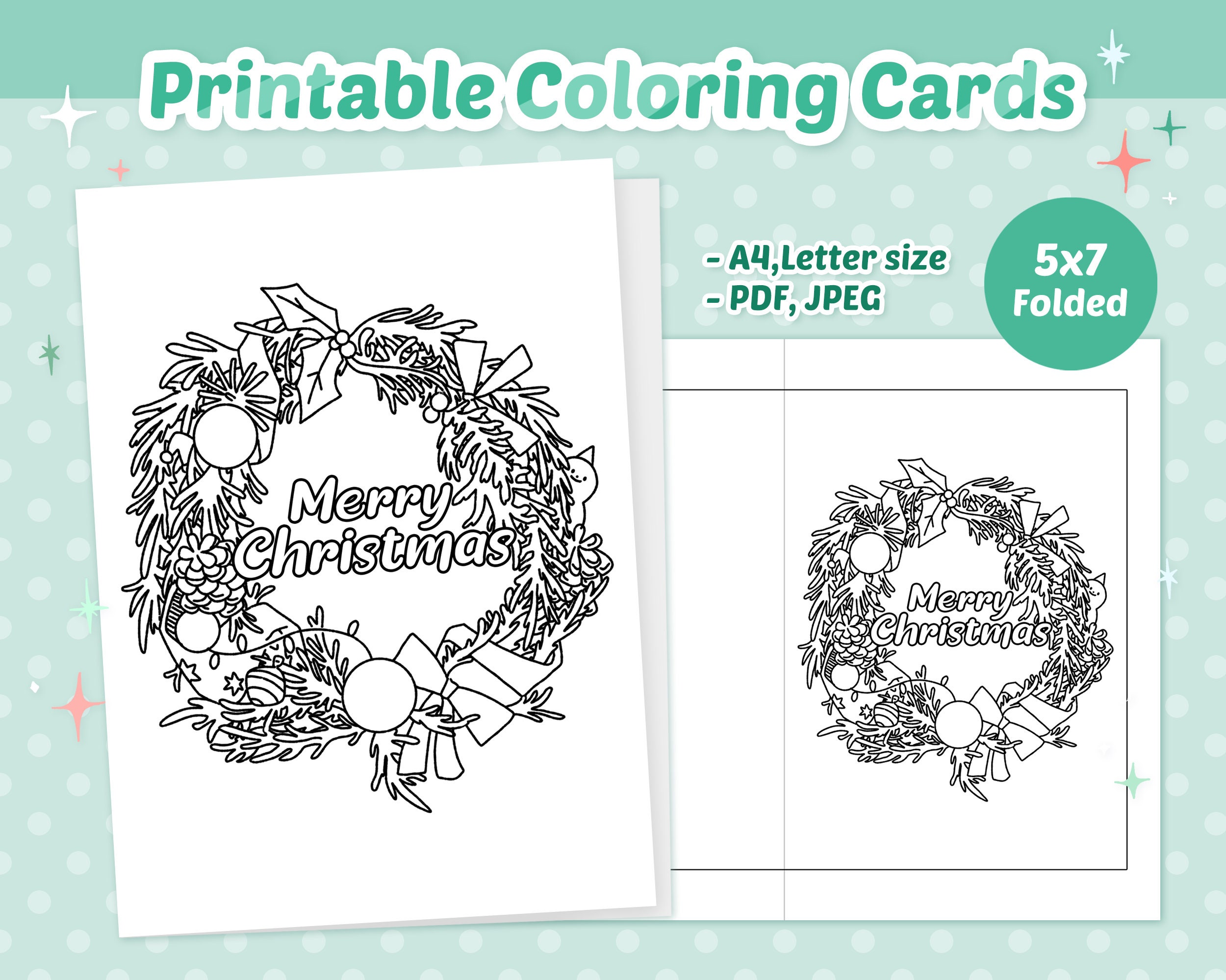 Printable christmas wreath coloring card for kids instant download x card greeting card holiday card diy card download now