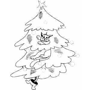 Cat on christmas tree coloring page