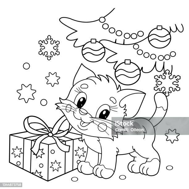 Coloring page outline of christmas tree with gifts and with little cat christmas new year coloring book for kids stock illustration