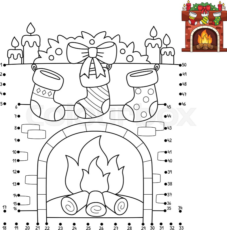 Dot to dot christmas fireplace coloring page stock vector