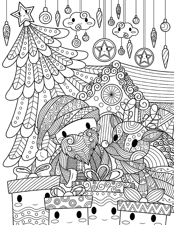 Printable kawaii christmas adult coloring page