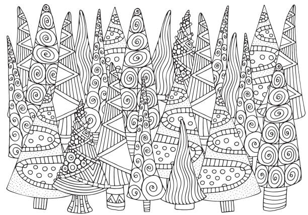 Pattern for coloring book of christmas trees handdrawn decorative elements in vector a fancy christmas trees black and white pattern stock illustration