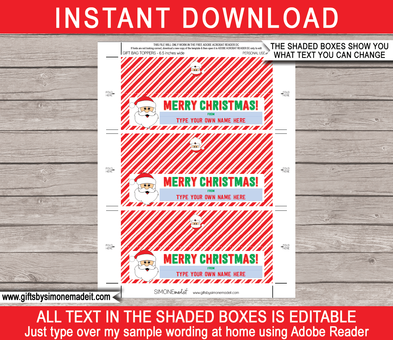 Christmas gift bag toppers template printable custom santa gift labels