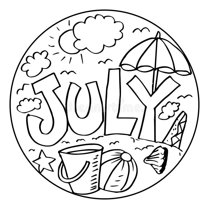 July coloring pages for kids stock illustration