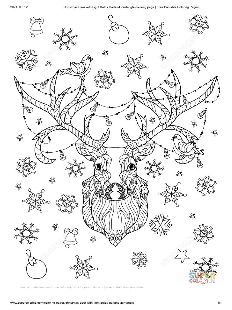 Christmas deer with light bulbs garland zentangle coloring page free printable coloring pages pdf