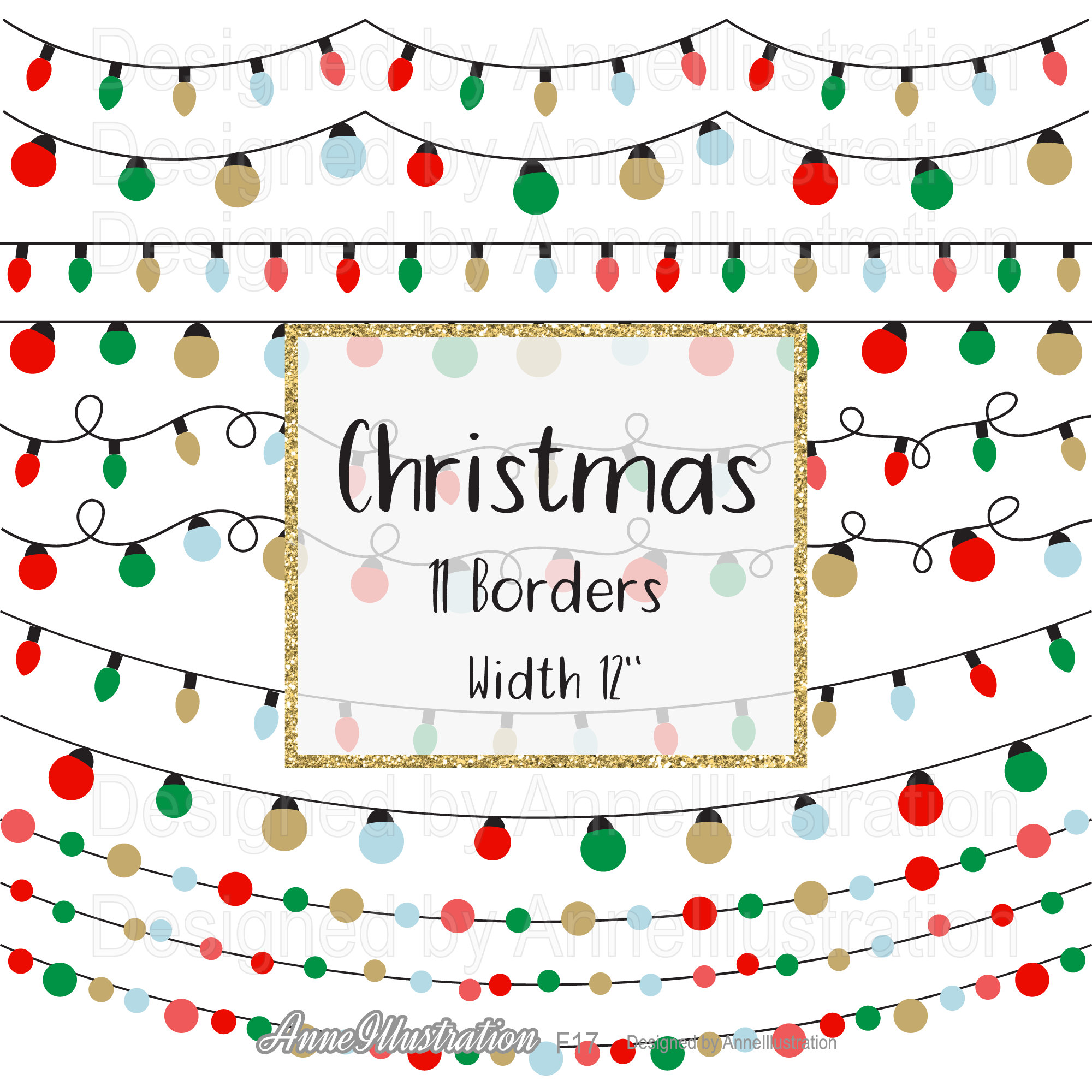 Christmas border clipartstring lightschristmas decorationinvitationparty elementsbunting bannersinstant download illustrationf