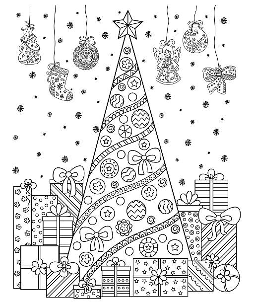 Christmas decorations tree gifts snow ccoloring book for children adults stock illustration