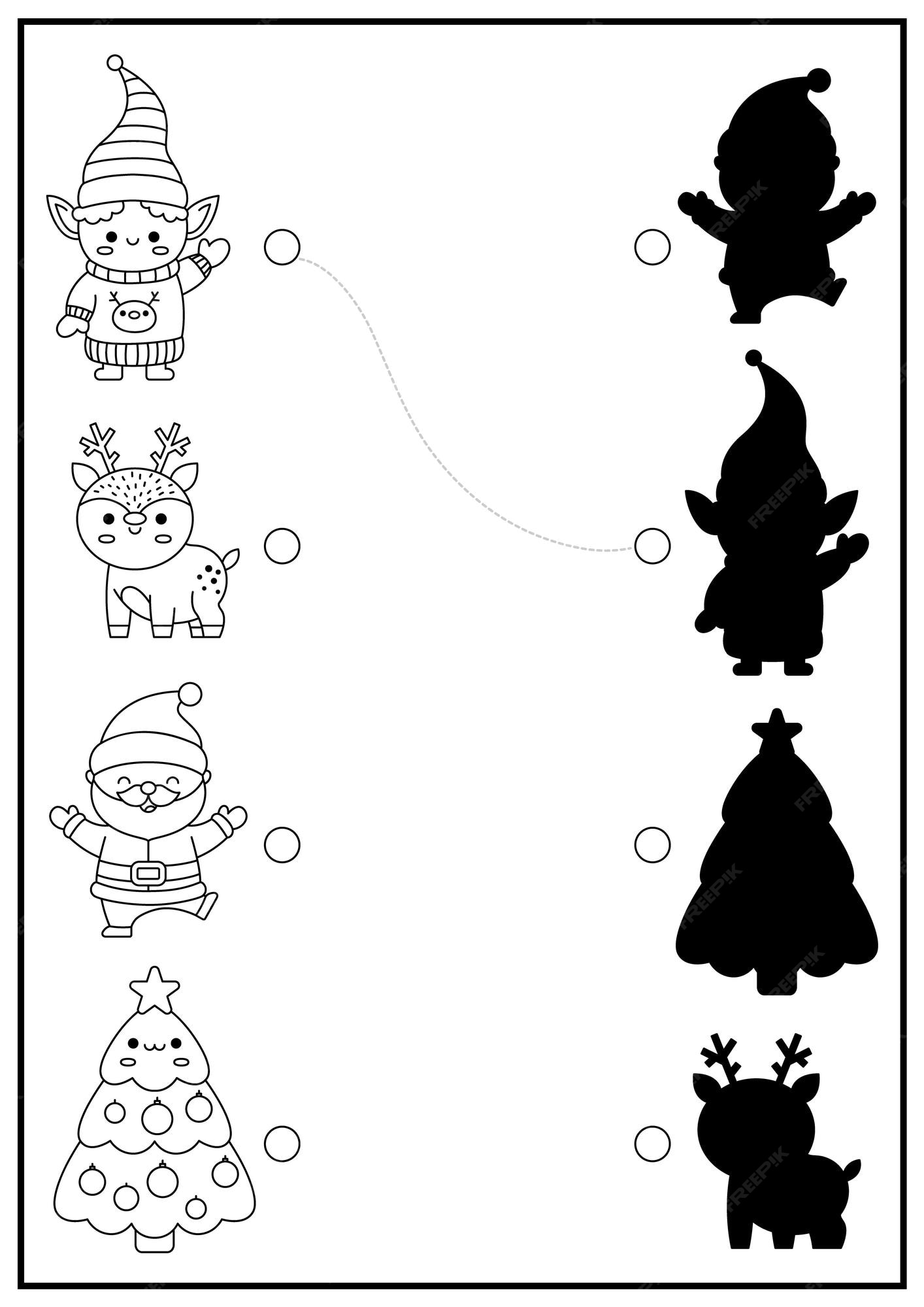 Premium vector christmas black and white shadow matching activity winter holiday puzzle with cute kawaii santa claus elf deer tree find correct silhouette printable worksheet new year coloring page for kids