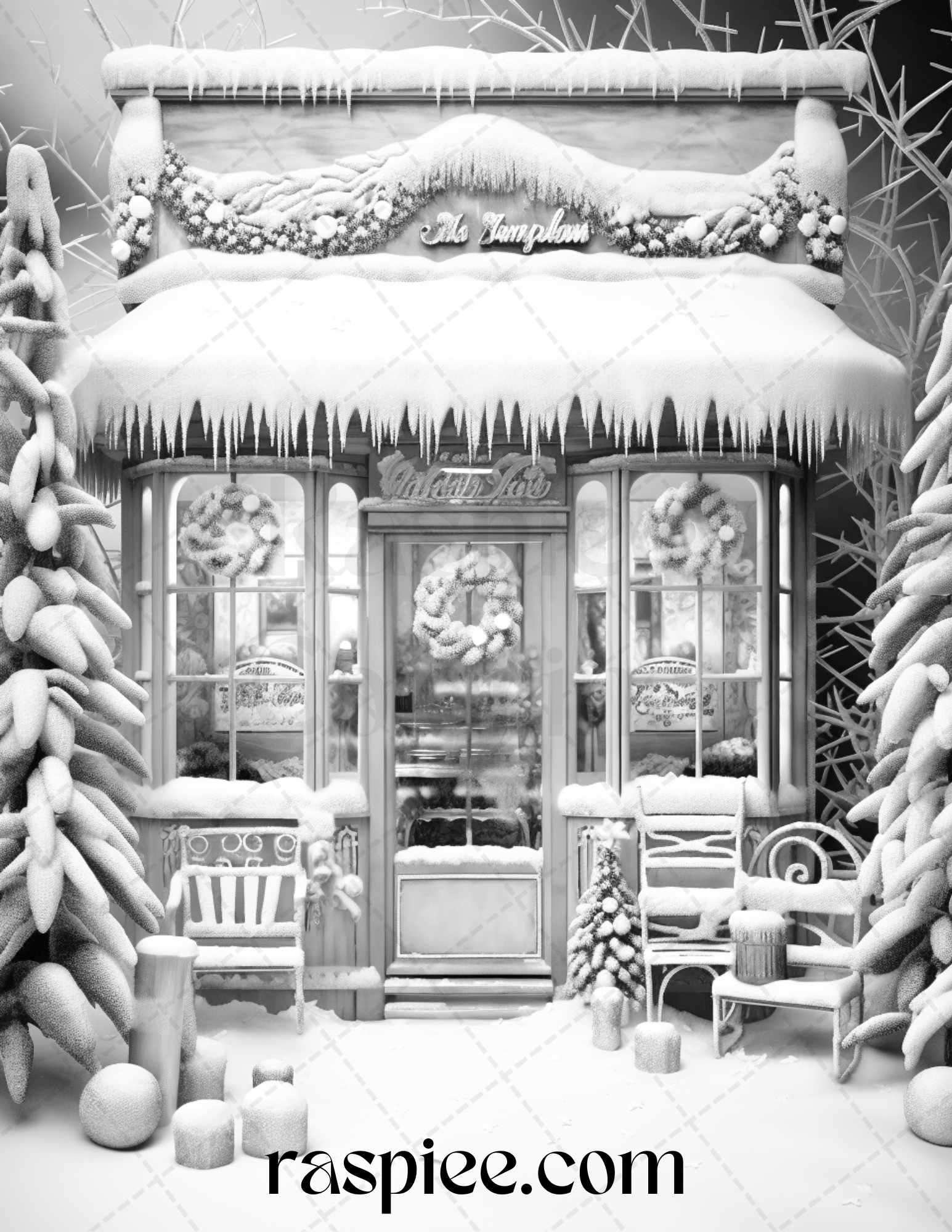 Christmas store front grayscale coloring pages for adults pdf printab â coloring