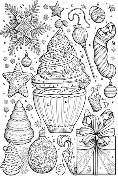 Premium ai image a coloring page with christmas decorations and gifts generative ai