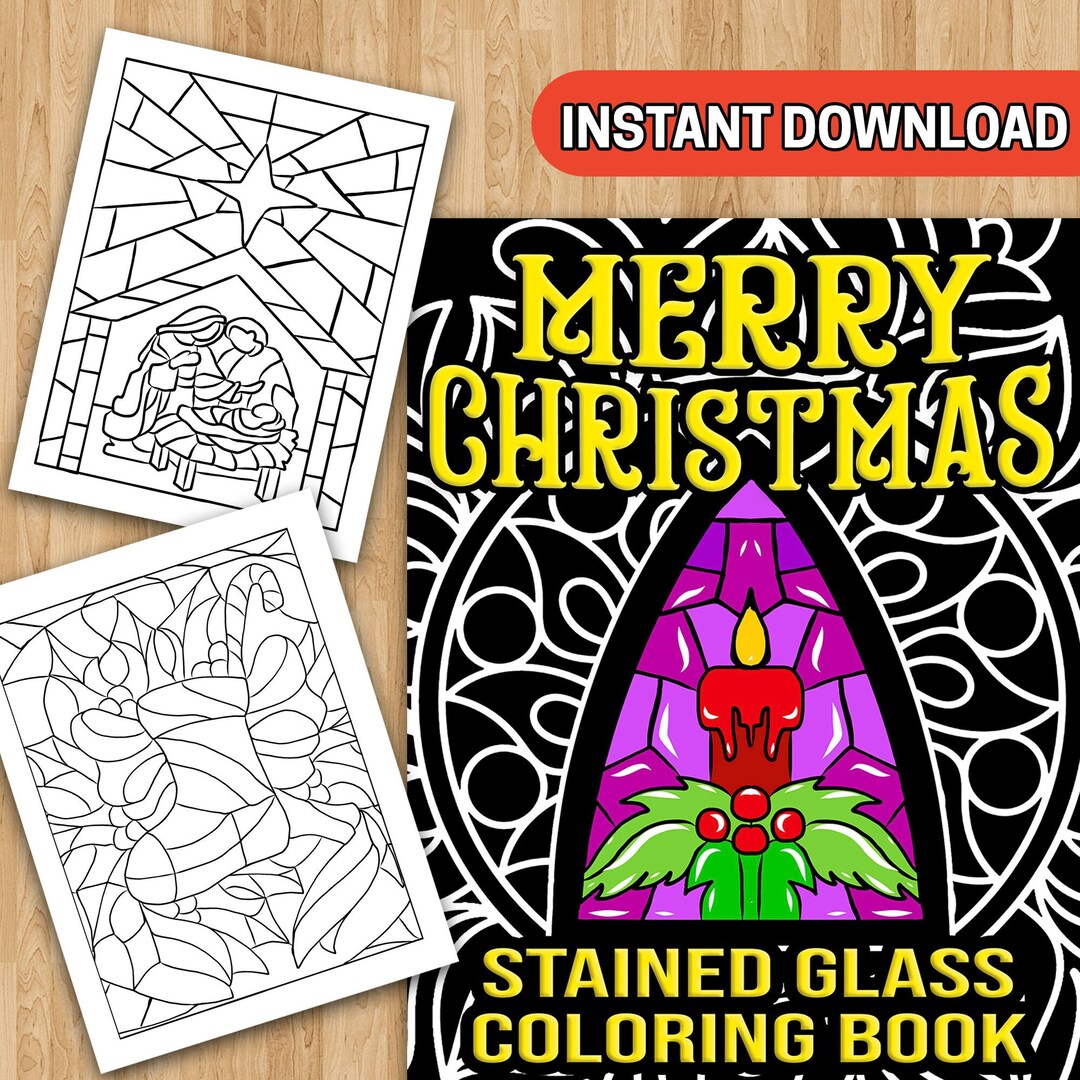 Best value merry christmas stained glass coloring book instant download festive xmas designs with angels snowman ornaments and more