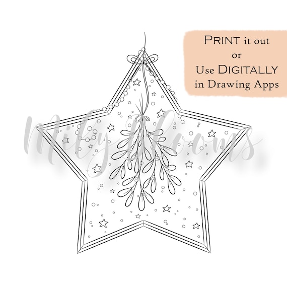 Printable digital coloring page for adults holiday digistamp christmas star mistletoe jpg png pdf files