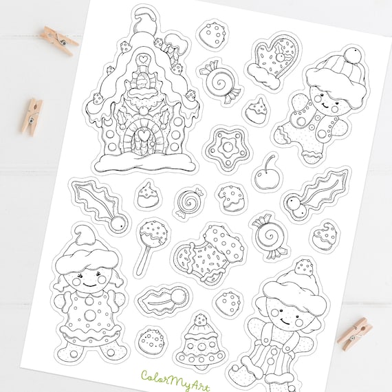 Cute christmas gingerbread coloring printable stickers sheet holiday decorative stickers planner stickers digital stickers