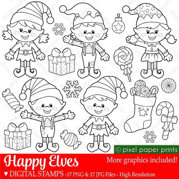 Happy elves digital stamps christmas clipart line art graphics for coloring pages worksheets crafts more png and jpg printable