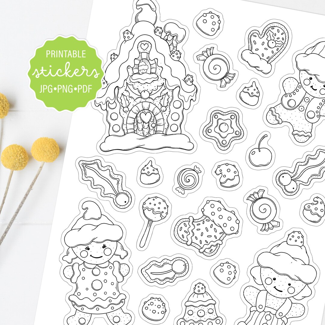 Cute christmas gingerbread coloring printable stickers sheet holiday decorative stickers planner stickers digital stickers