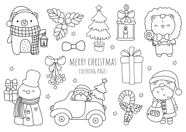 Premium vector christmas woodland animal doodle outline and coloring pages