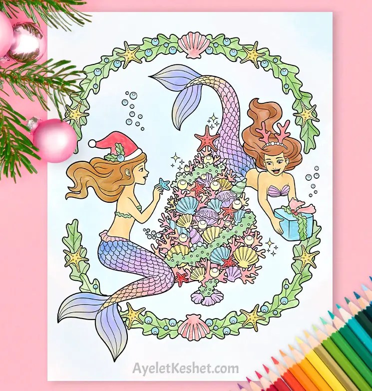 Mermaid christmas coloring page freebie