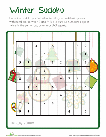 Winter sudoku worksheet education holiday worksheets christmas math worksheets sudoku