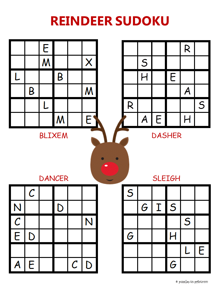 Christmas reindeer sudoku holiday puzzle christmas puzzles printables christmas puzzle