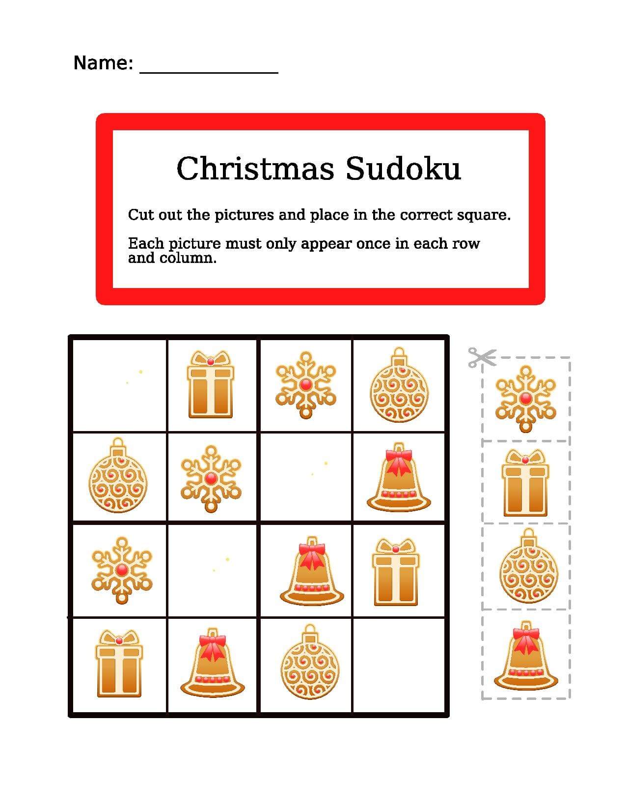 Christmas easy picture sudoku worksheet free printable puzzle games