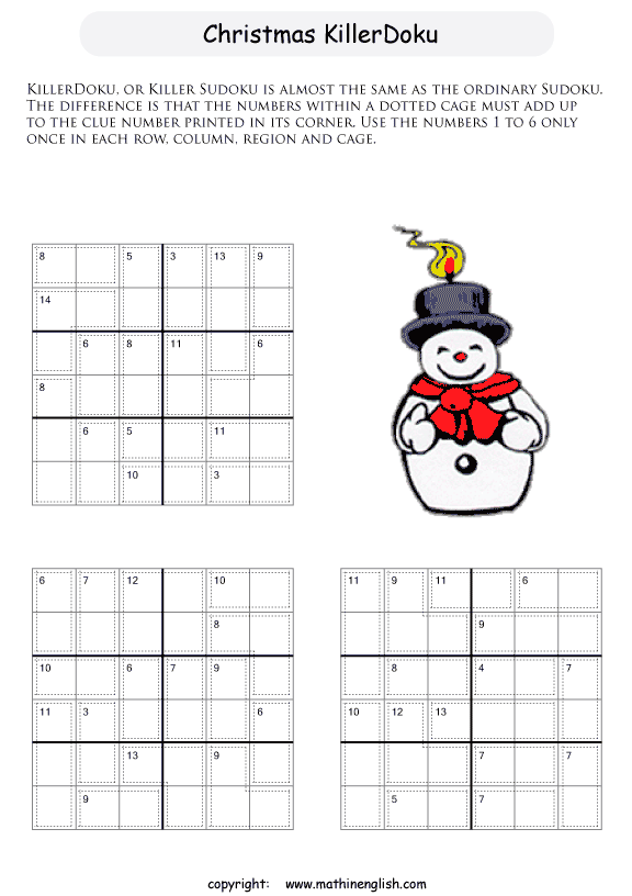 Printable christmas killer sudoku puzzles for kids and math students