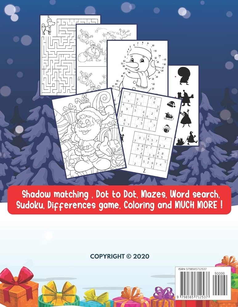 Christmas activity book for kids ages â over activities coloring pages â dot to dot shadow matching mazes word search sudoku differences boys girls